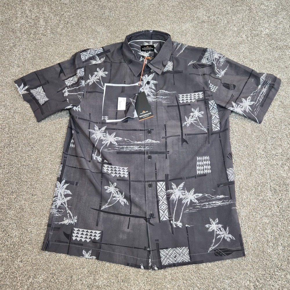 Quicksilver Waterman Mens M SAMPLE Short Sleeve Button‎ Up Shirt Tropical Black